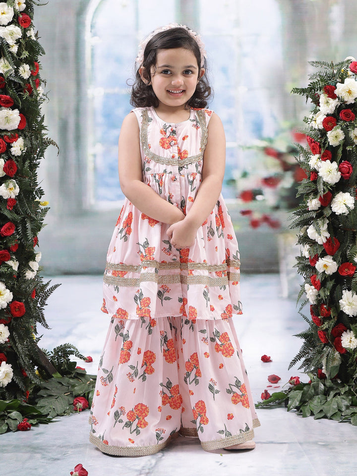 Baby Pink Muslin Marigold Bloom Kurta Sharara Set | SHOBITAM