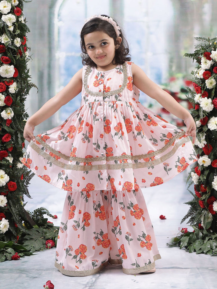 Baby Pink Muslin Marigold Bloom Kurta Sharara Set | SHOBITAM