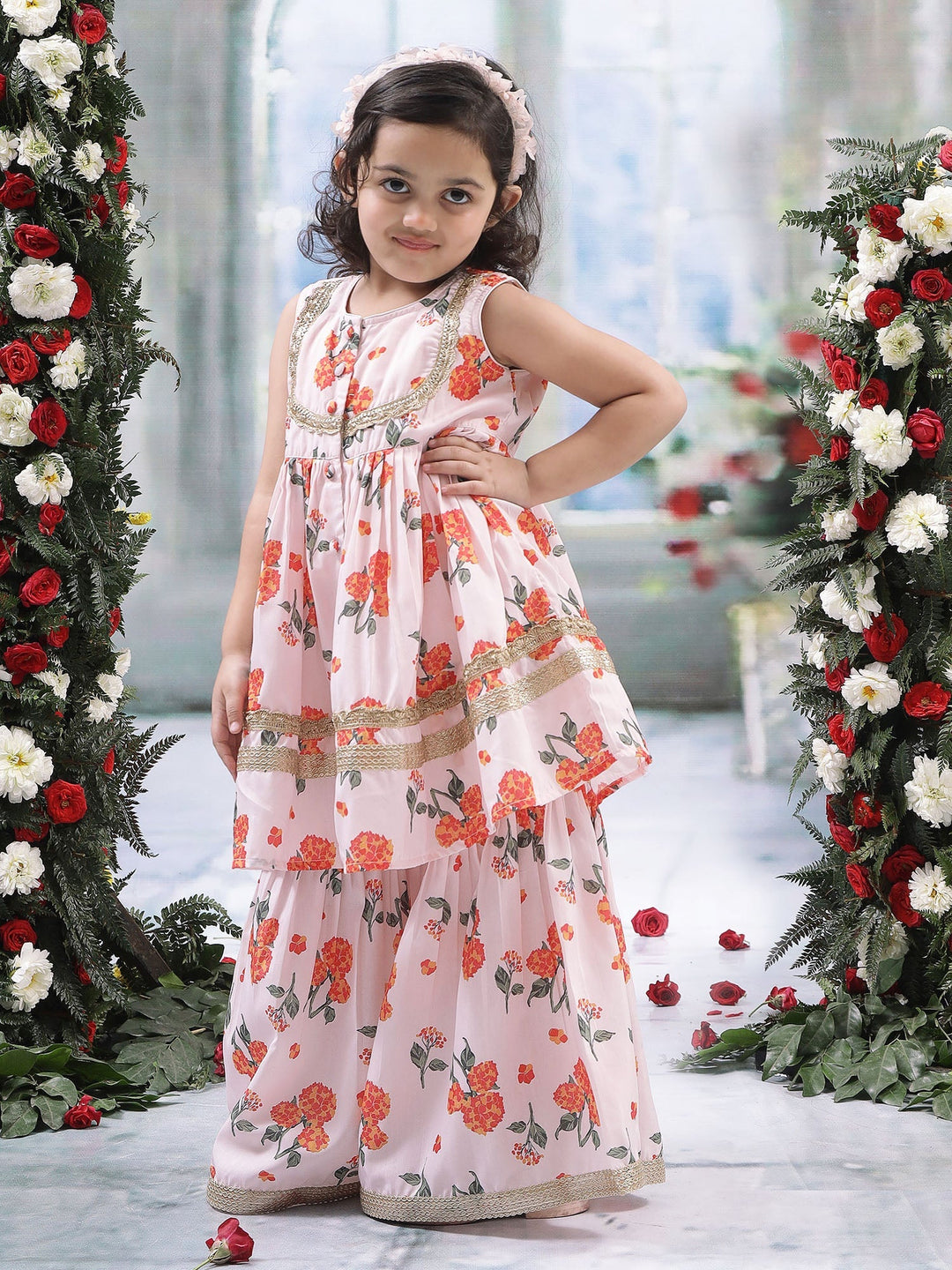 Baby Pink Muslin Marigold Bloom Kurta Sharara Set | SHOBITAM