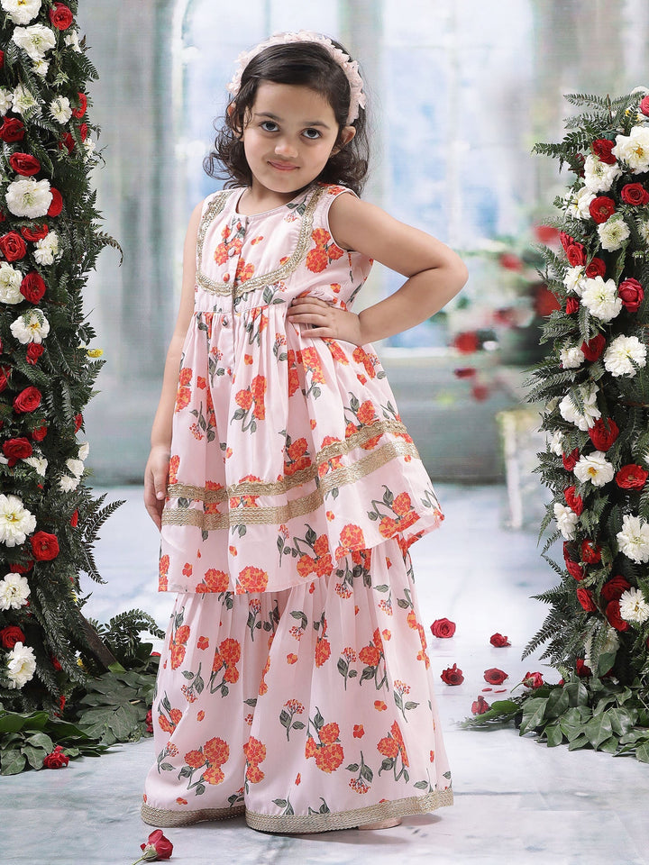 Baby Pink Muslin Marigold Bloom Kurta Sharara Set | SHOBITAM