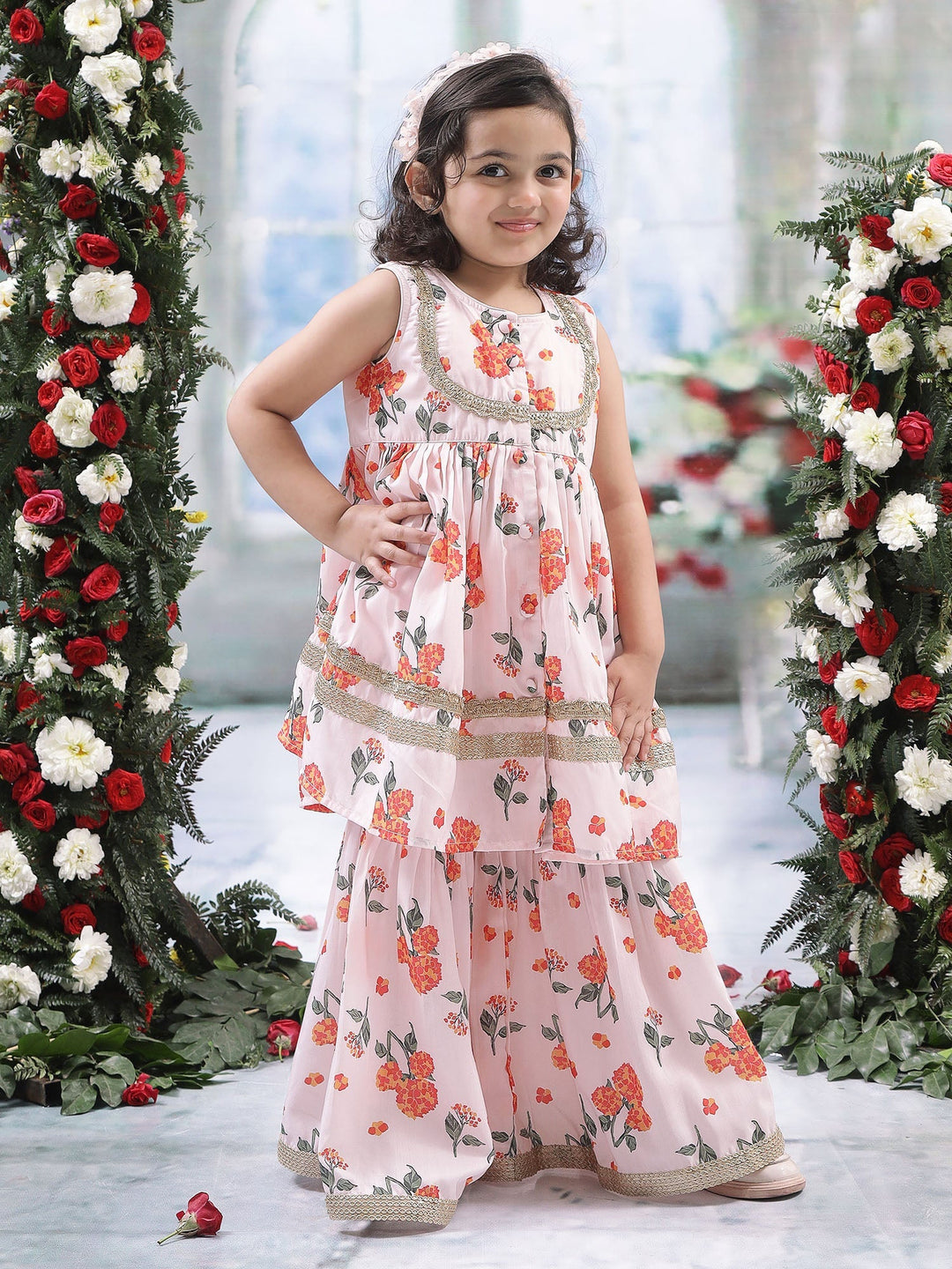 Baby Pink Muslin Marigold Bloom Kurta Sharara Set | SHOBITAM