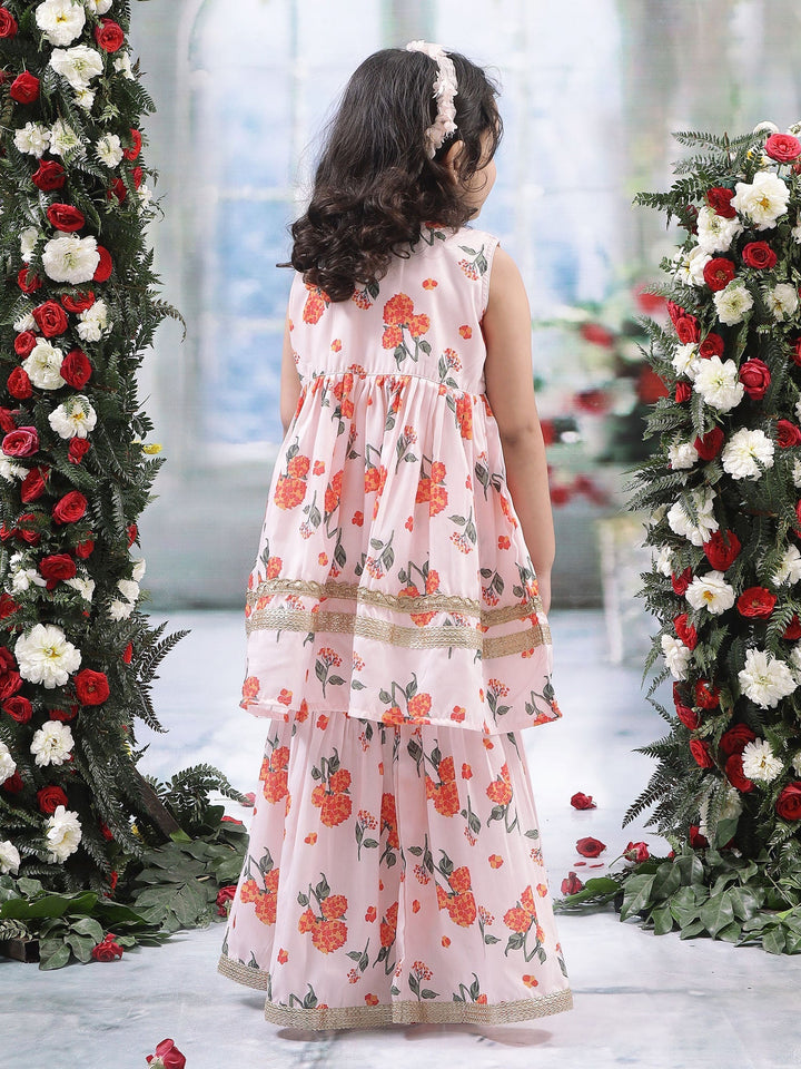 Baby Pink Muslin Marigold Bloom Kurta Sharara Set | SHOBITAM