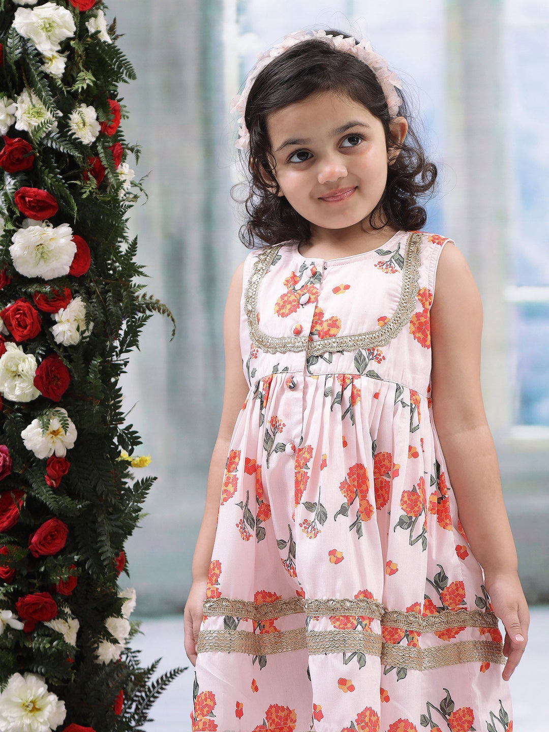 Baby Pink Muslin Marigold Bloom Kurta Sharara Set | SHOBITAM