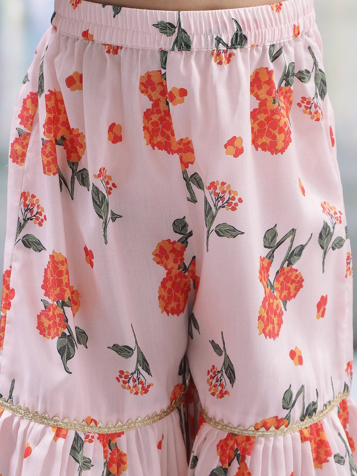Baby Pink Muslin Marigold Bloom Kurta Sharara Set | SHOBITAM