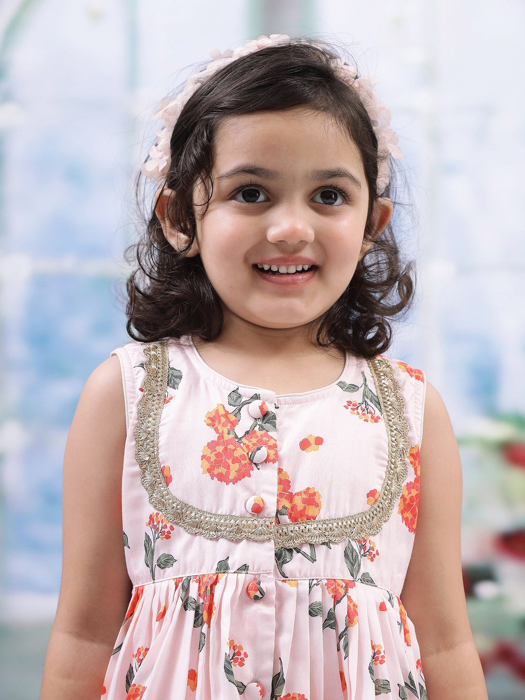 Baby Pink Muslin Marigold Bloom Kurta Sharara Set | SHOBITAM