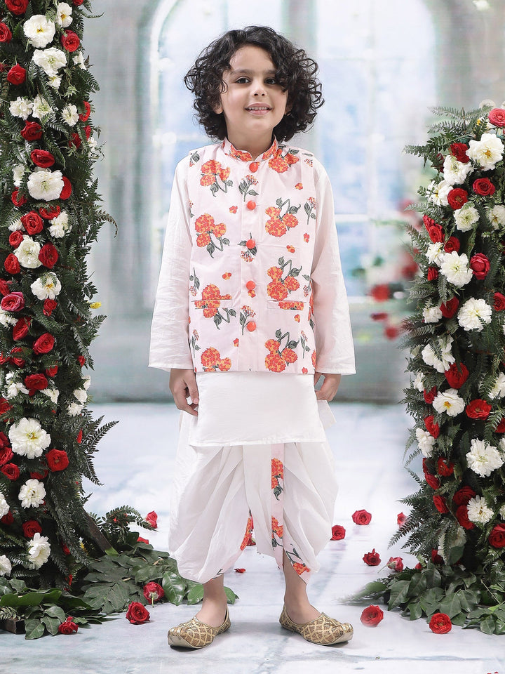 Baby Pink Marigold Bloom Nehru Jacket with Cotton Kurta Dhoti Set | SHOBITAM