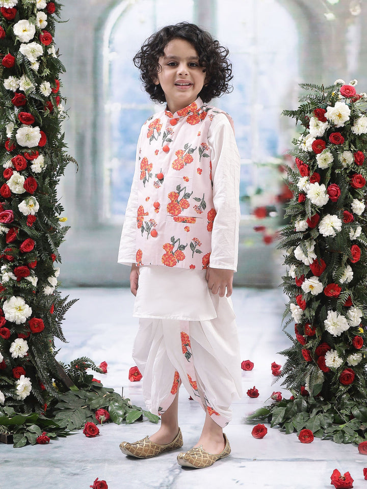 Baby Pink Marigold Bloom Nehru Jacket with Cotton Kurta Dhoti Set | SHOBITAM