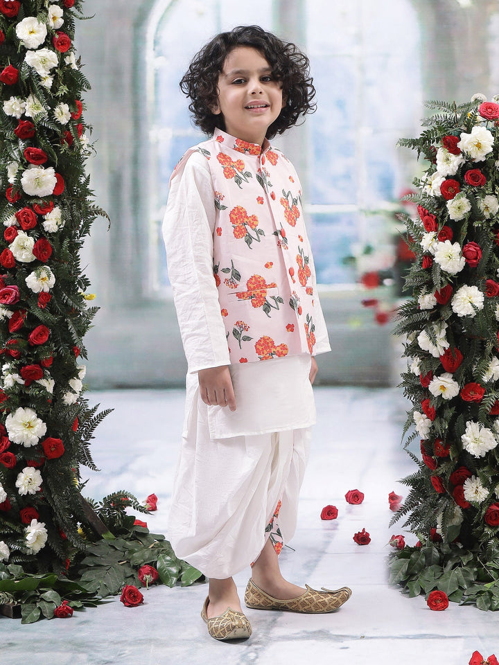 Baby Pink Marigold Bloom Nehru Jacket with Cotton Kurta Dhoti Set | SHOBITAM