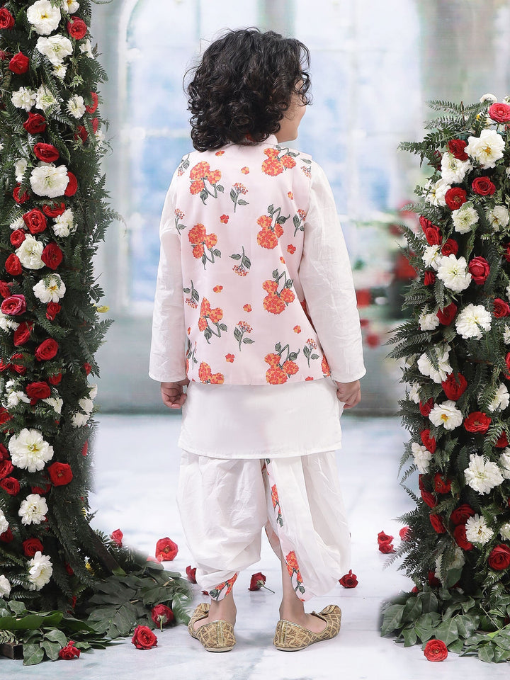 Baby Pink Marigold Bloom Nehru Jacket with Cotton Kurta Dhoti Set | SHOBITAM