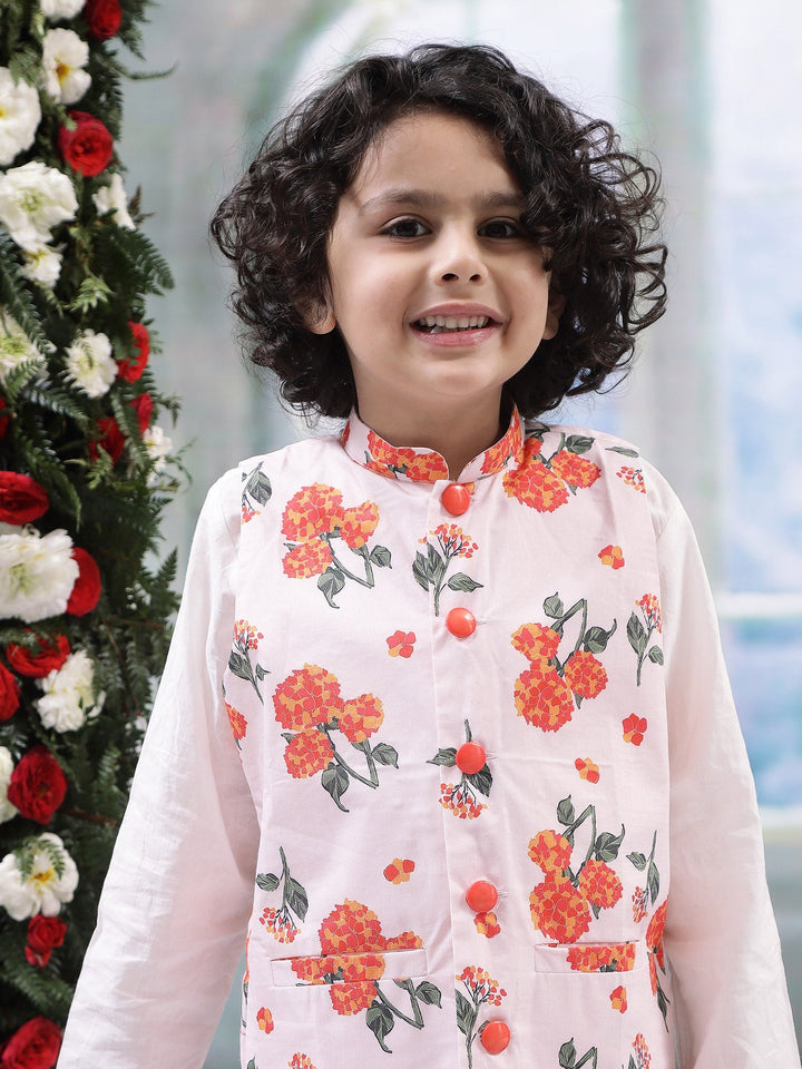 Baby Pink Marigold Bloom Nehru Jacket with Cotton Kurta Dhoti Set | SHOBITAM