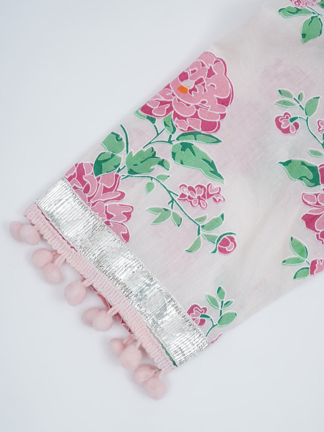 Girls Light Pink Cotton Floral Butterfly Kurta Sharara set with Pom Pom Lace & Floral Handwork with Dupatta | SHOBITAM