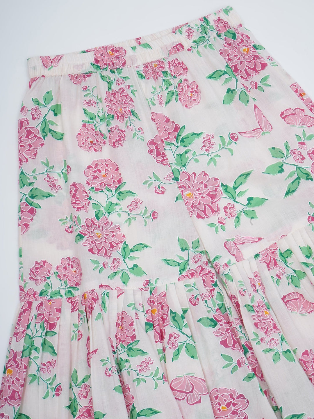 Girls Light Pink Cotton Floral Butterfly Kurta Sharara set with Pom Pom Lace & Floral Handwork with Dupatta | SHOBITAM