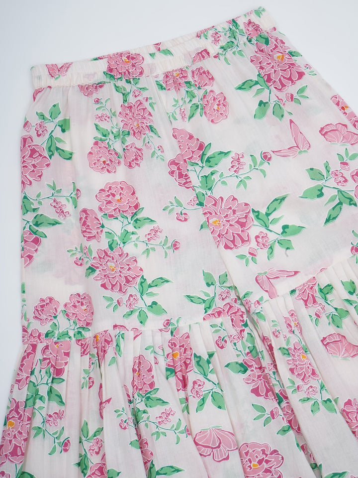 Girls Light Pink Cotton Floral Butterfly Kurta Sharara set with Pom Pom Lace & Floral Handwork with Dupatta | SHOBITAM