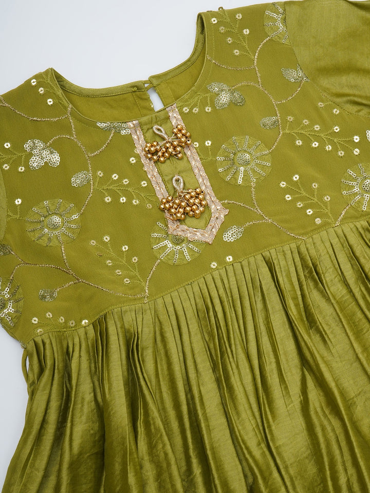 Girls Mehendi Green Chanderi Silk Floral Embroidery Kurta Sharara Set with Dupatta & Cotton Lining | SHOBITAM