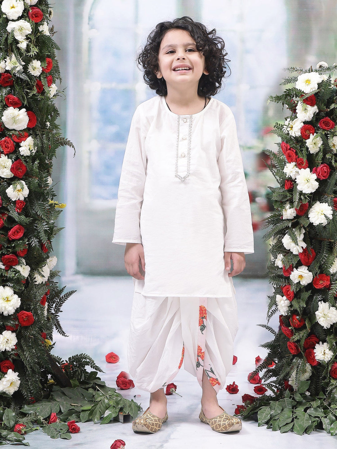 Baby Pink Marigold Bloom Nehru Jacket with Cotton Kurta Dhoti Set | SHOBITAM