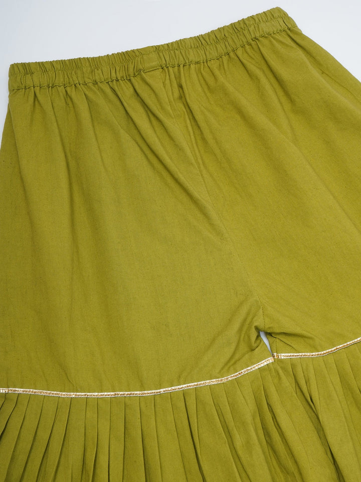 Girls Mehendi Green Chanderi Silk Floral Embroidery Kurta Sharara Set with Dupatta & Cotton Lining | SHOBITAM
