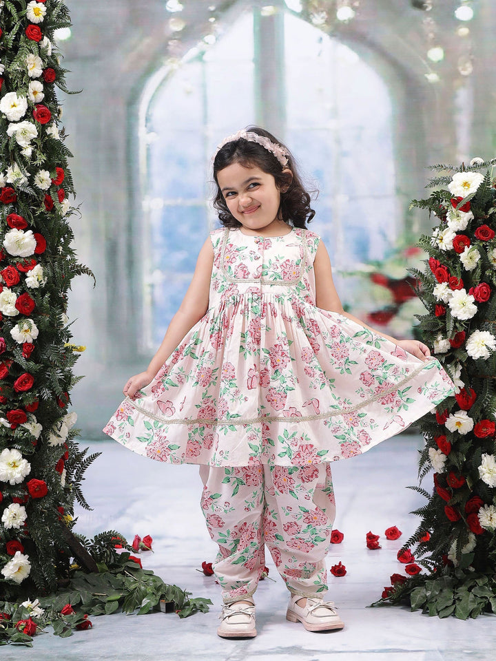 Baby Pink Floral Butterfly Cotton Kurta Salwar Set | Shobitam