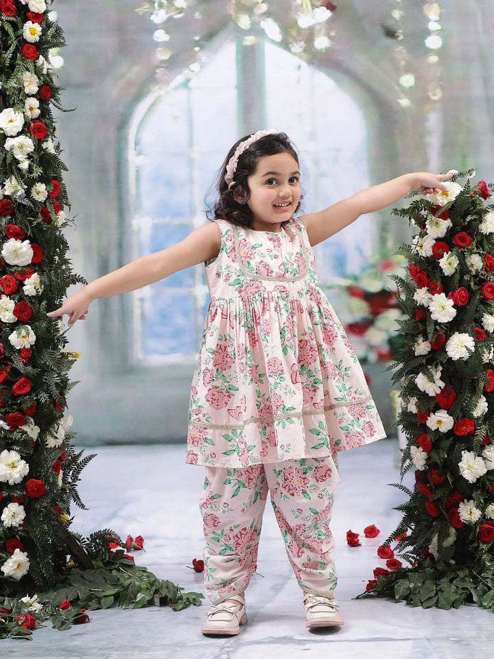 Baby Pink Floral Butterfly Cotton Kurta Salwar Set | Shobitam