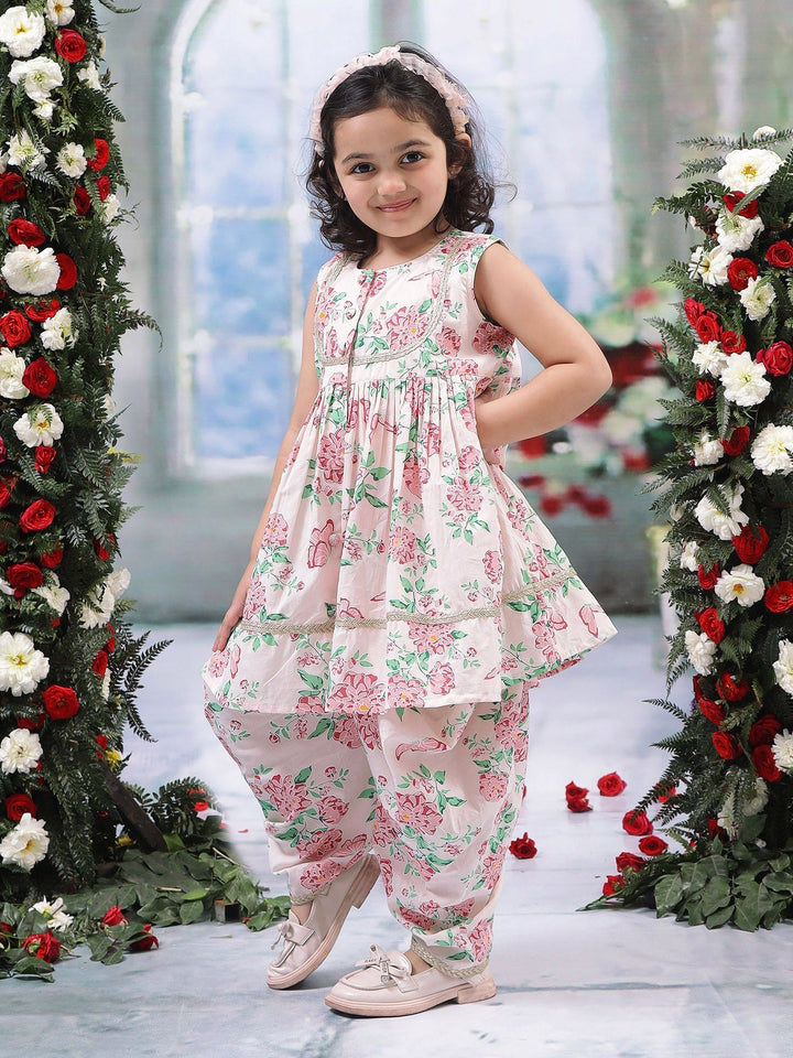 Baby Pink Floral Butterfly Cotton Kurta Salwar Set | Shobitam