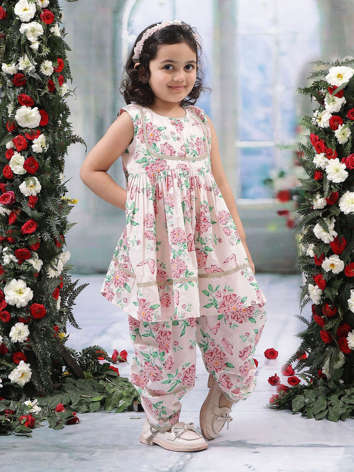 Baby Pink Floral Butterfly Cotton Kurta Salwar Set | Shobitam