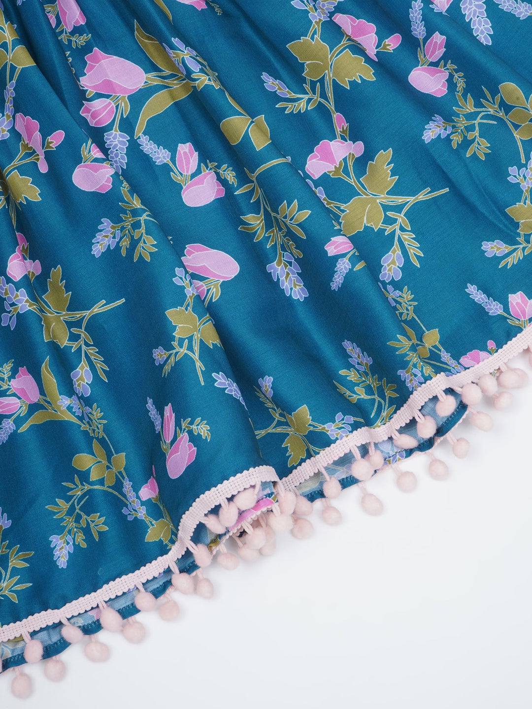 Girls Turquoise Green Muslin Tulip Kurta Sharara Set with Pom Pom Work and Dupatta | SHOBITAM