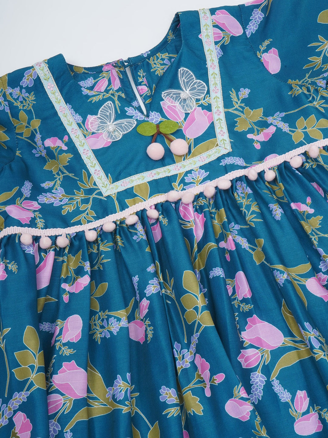 Girls Turquoise Green Muslin Tulip Kurta Sharara Set with Pom Pom Work and Dupatta | SHOBITAM