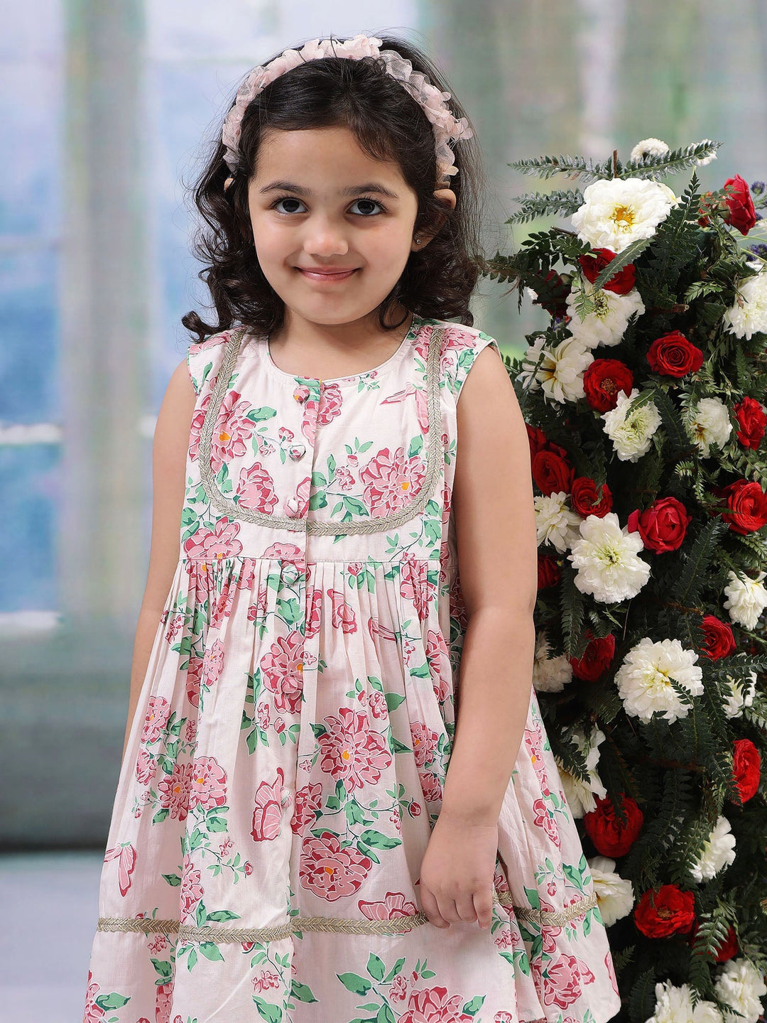 Baby Pink Floral Butterfly Cotton Kurta Salwar Set | Shobitam