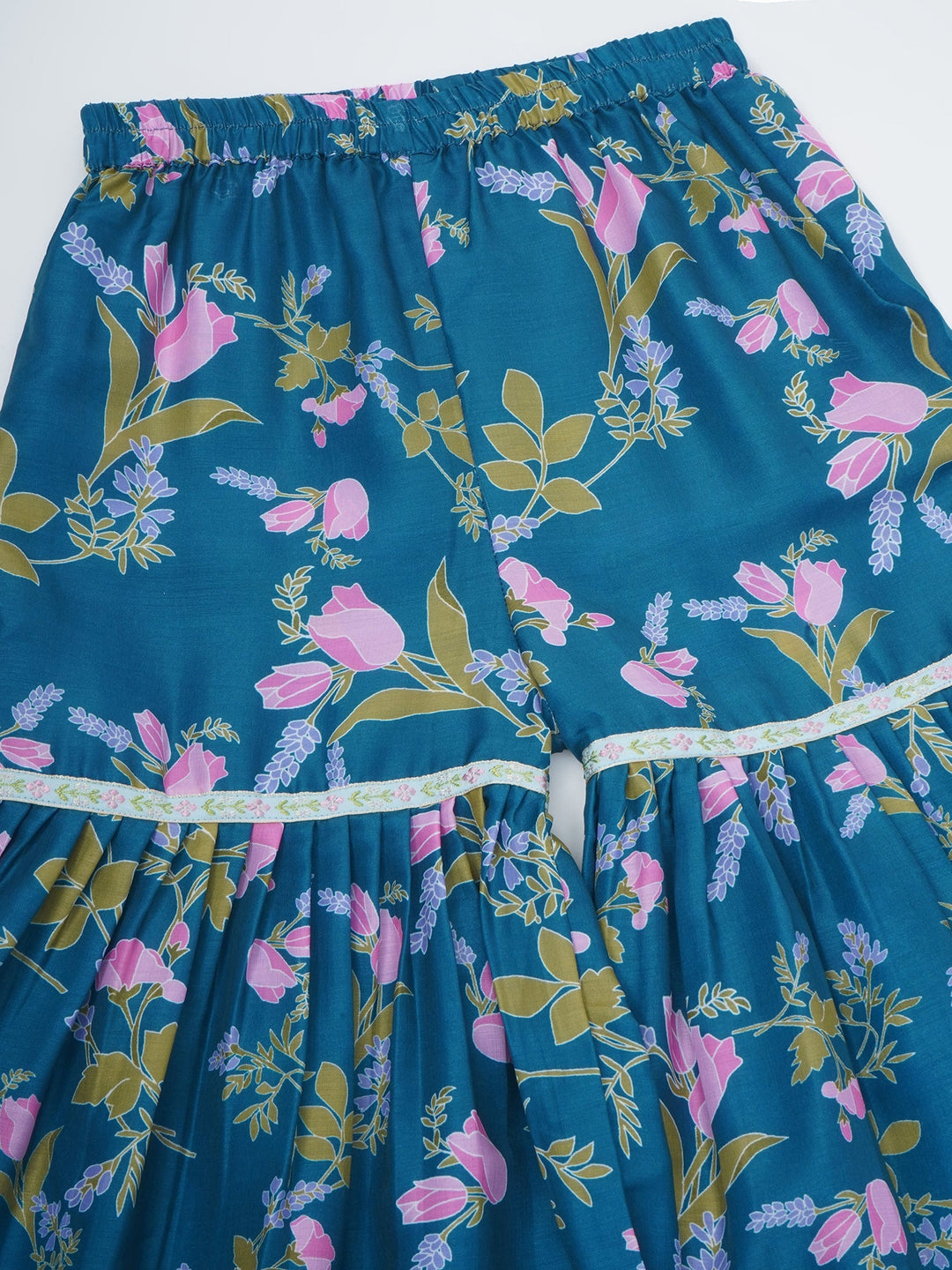 Girls Turquoise Green Muslin Tulip Kurta Sharara Set with Pom Pom Work and Dupatta | SHOBITAM
