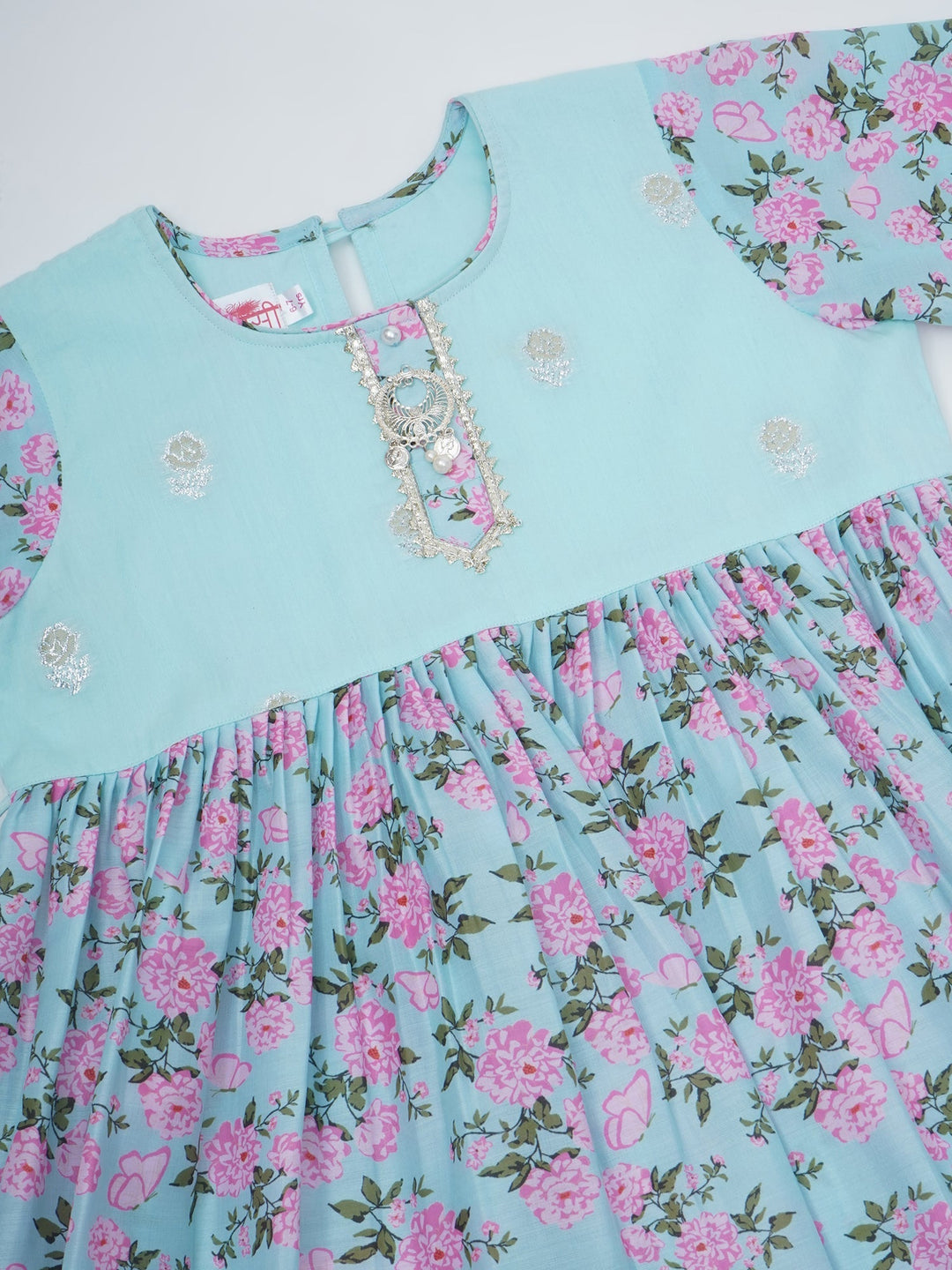 Girls Blue Muslin Floral Butterfly Kurta Sharara Set with Dupatta | SHOBITAM