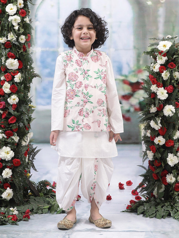 Baby Pink Floral Butterfly Nehru Jacket with Cotton Kurta Dhoti Set | SHOBITAM