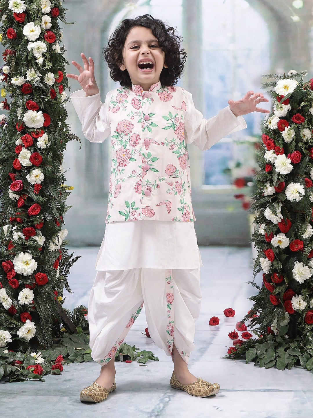 Baby Pink Floral Butterfly Nehru Jacket with Cotton Kurta Dhoti Set | SHOBITAM