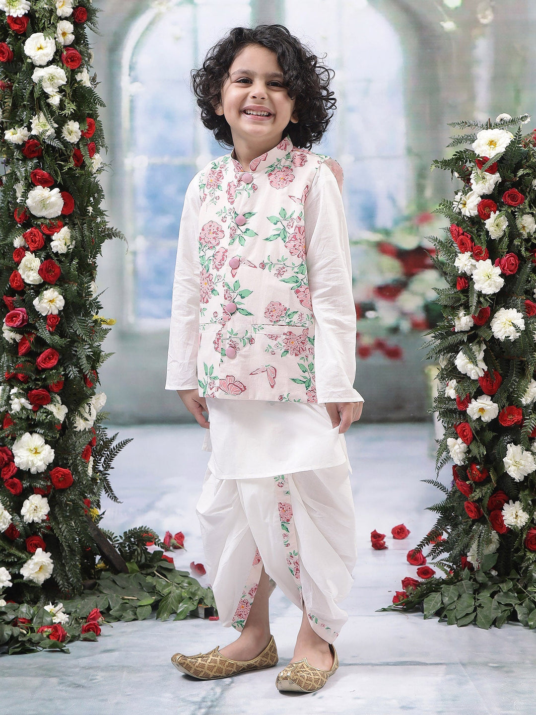 Baby Pink Floral Butterfly Nehru Jacket with Cotton Kurta Dhoti Set | SHOBITAM