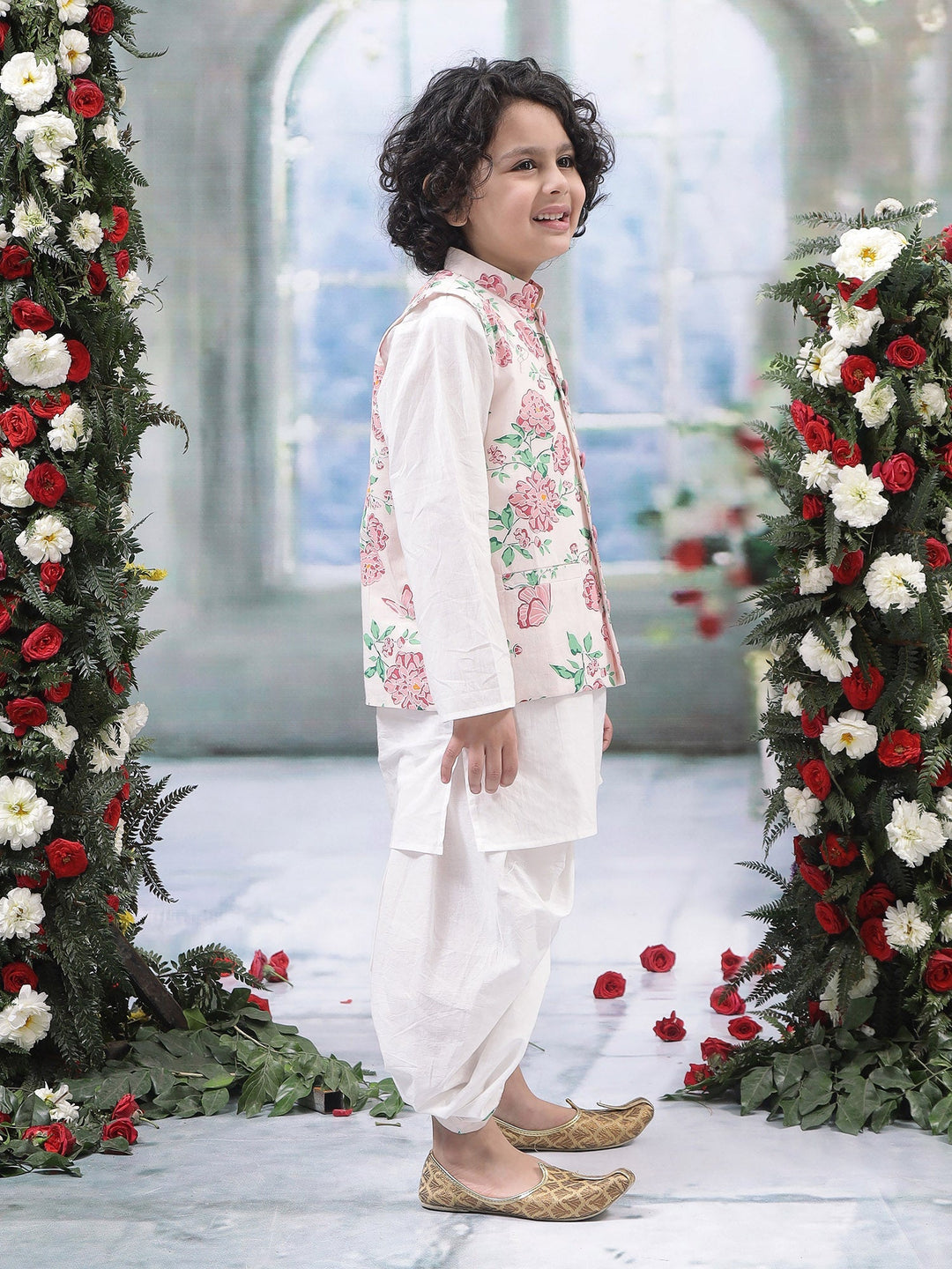 Baby Pink Floral Butterfly Nehru Jacket with Cotton Kurta Dhoti Set | SHOBITAM