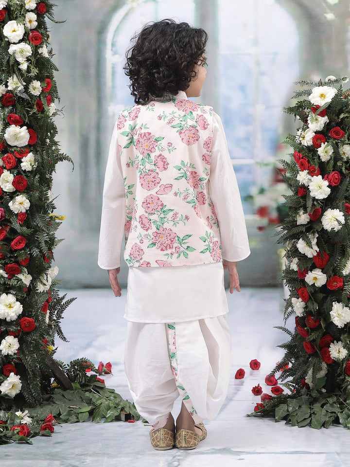 Baby Pink Floral Butterfly Nehru Jacket with Cotton Kurta Dhoti Set | SHOBITAM
