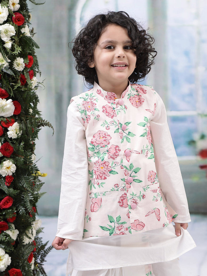 Baby Pink Floral Butterfly Nehru Jacket with Cotton Kurta Dhoti Set | SHOBITAM