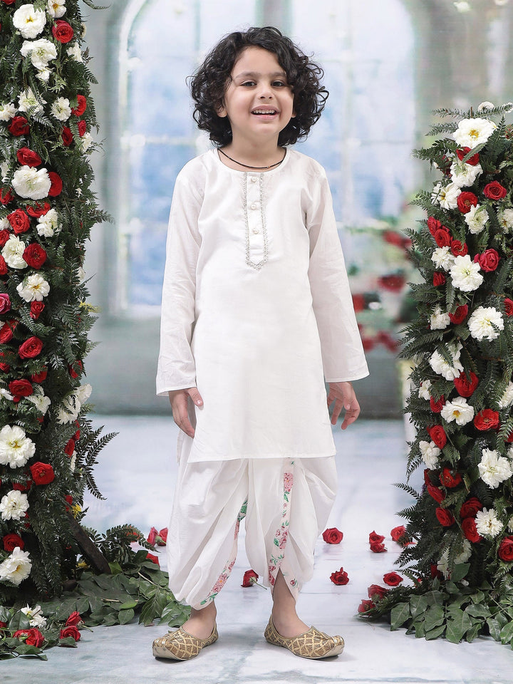 Baby Pink Floral Butterfly Nehru Jacket with Cotton Kurta Dhoti Set | SHOBITAM