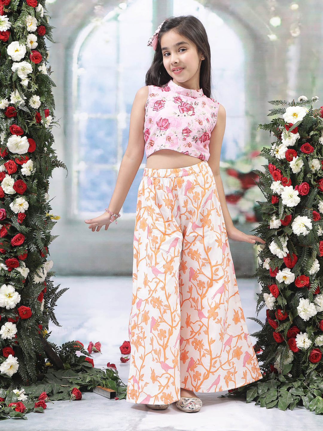 Pink Rose Top with Fauna Embroidery Cotton Plazzo  | SHOBITAM