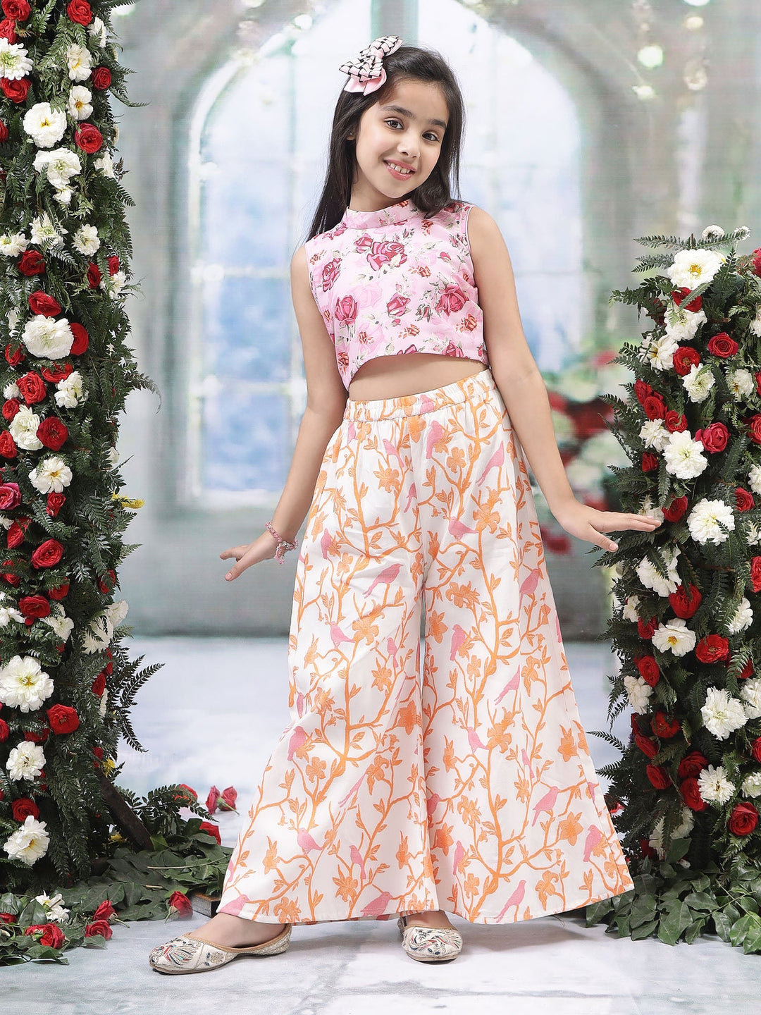 Pink Rose Top with Fauna Embroidery Cotton Plazzo  | SHOBITAM
