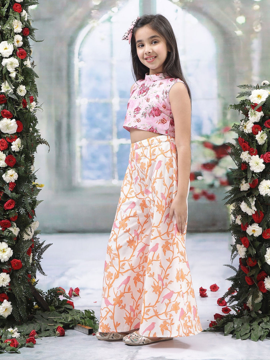 Pink Rose Top with Fauna Embroidery Cotton Plazzo  | SHOBITAM