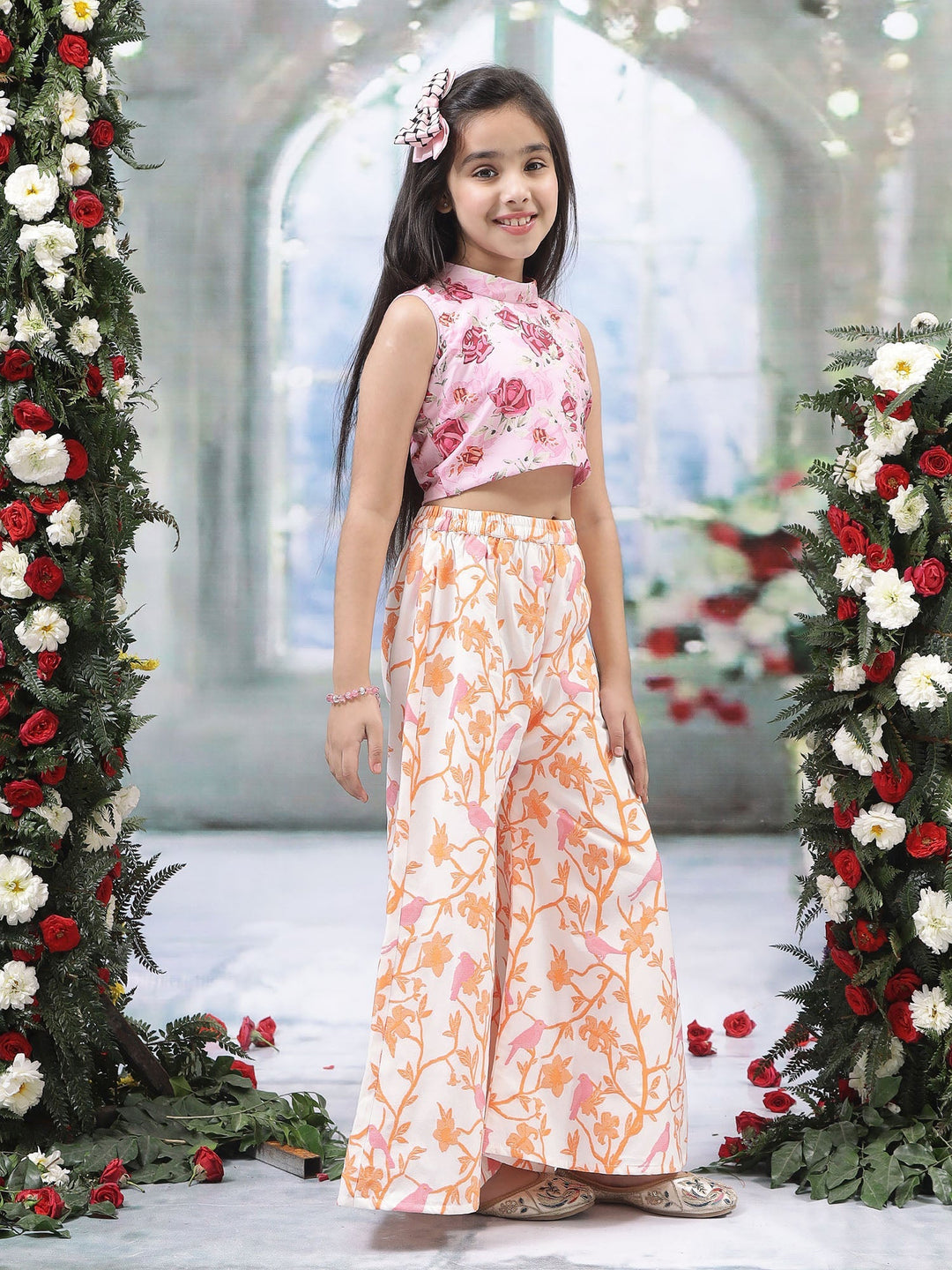 Pink Rose Top with Fauna Embroidery Cotton Plazzo  | SHOBITAM