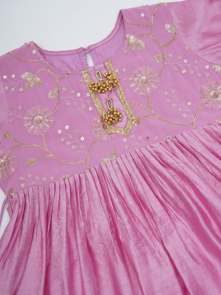 Girls Lavender Pink Chanderi Semi-Silk Floral Embroidery Kurta Sharara Set with Dupatta & Cotton Lining | SHOBITAM