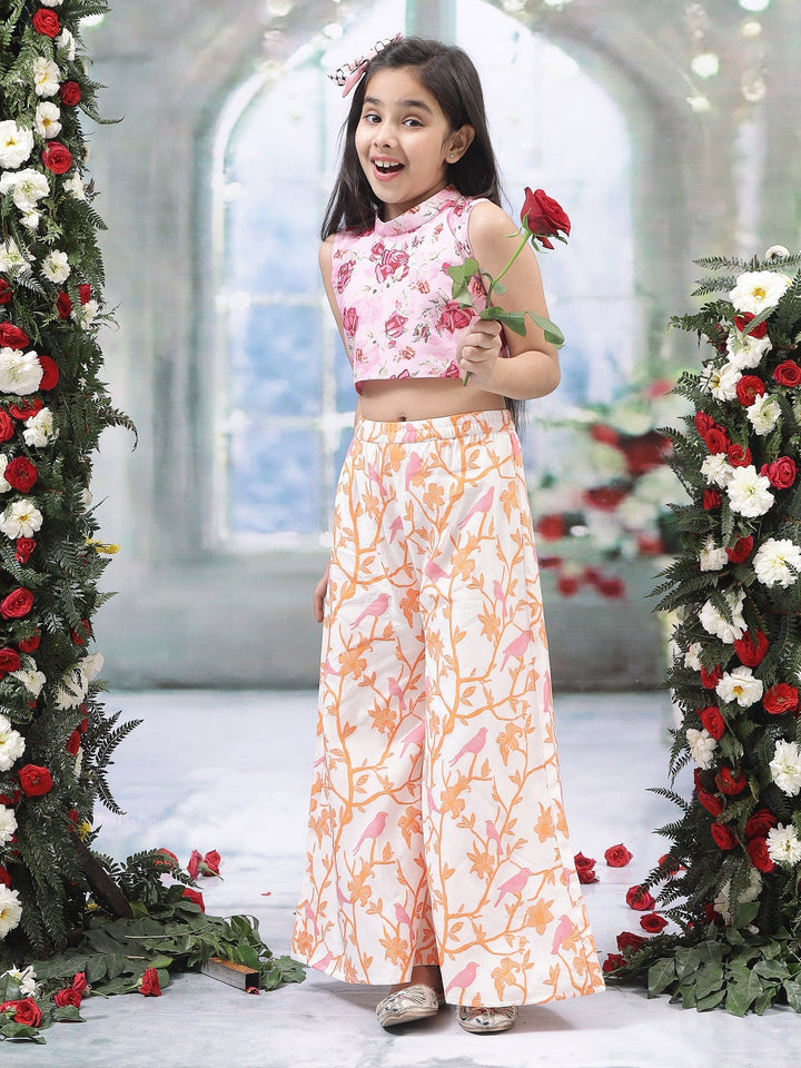 Pink Rose Top with Fauna Embroidery Cotton Plazzo  | SHOBITAM