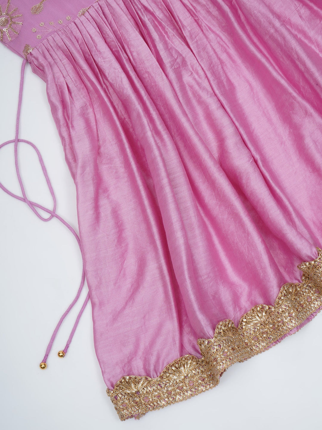 Girls Lavender Pink Chanderi Semi-Silk Floral Embroidery Kurta Sharara Set with Dupatta & Cotton Lining | SHOBITAM