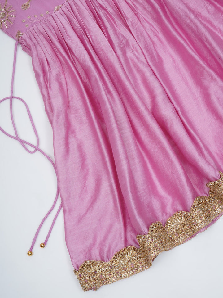 Girls Lavender Pink Chanderi Semi-Silk Floral Embroidery Kurta Sharara Set with Dupatta & Cotton Lining | SHOBITAM
