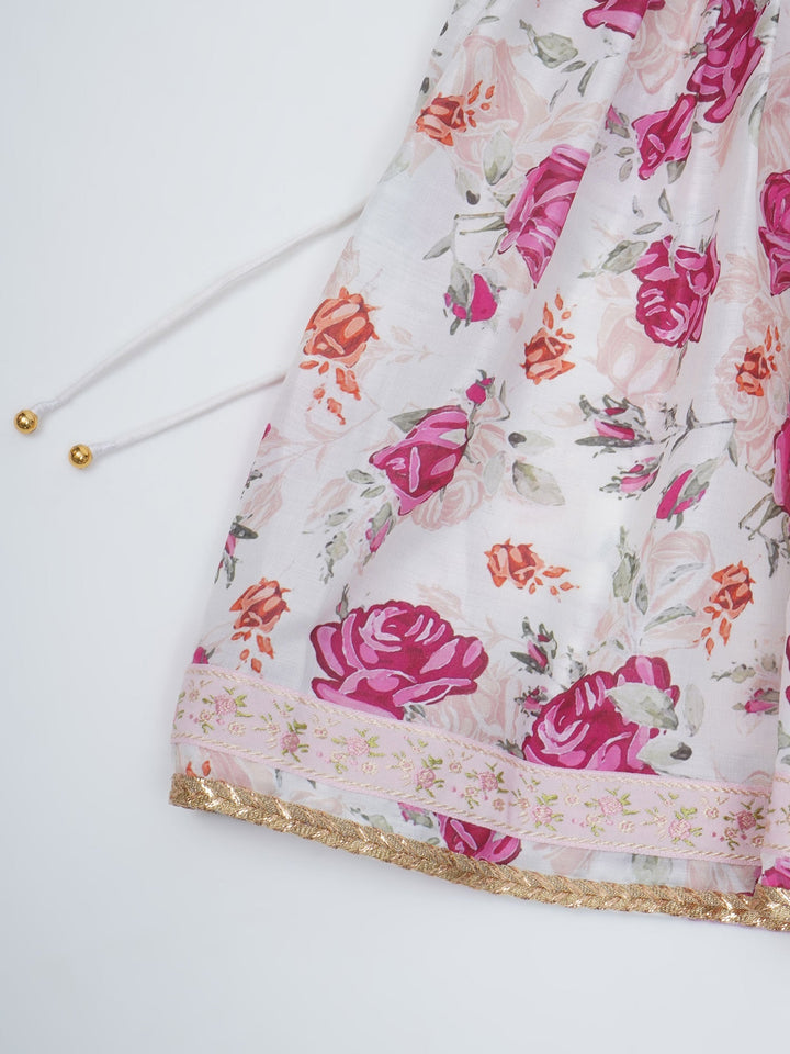 Girls Cream Muslin Garden Rose Kurta Sharara Set with Lace & Butterfly Handwork with Dupatta | SHOBITAM