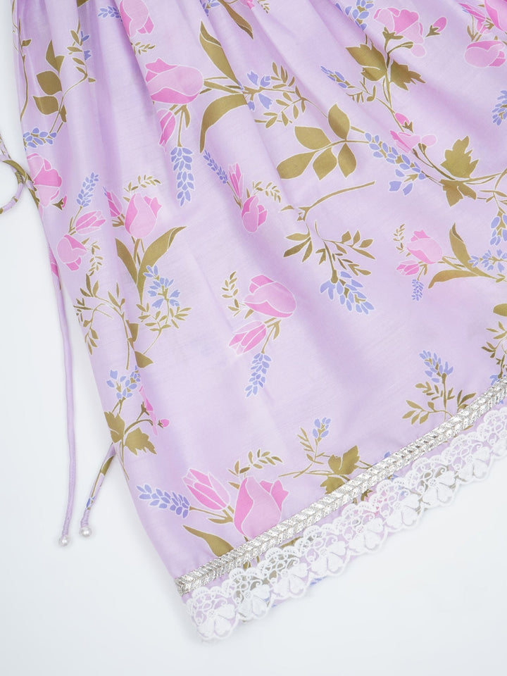 Girls Lavender Muslin Garden Tulip Lacework Kurta Sharara Set with Dupatta | SHOBITAM