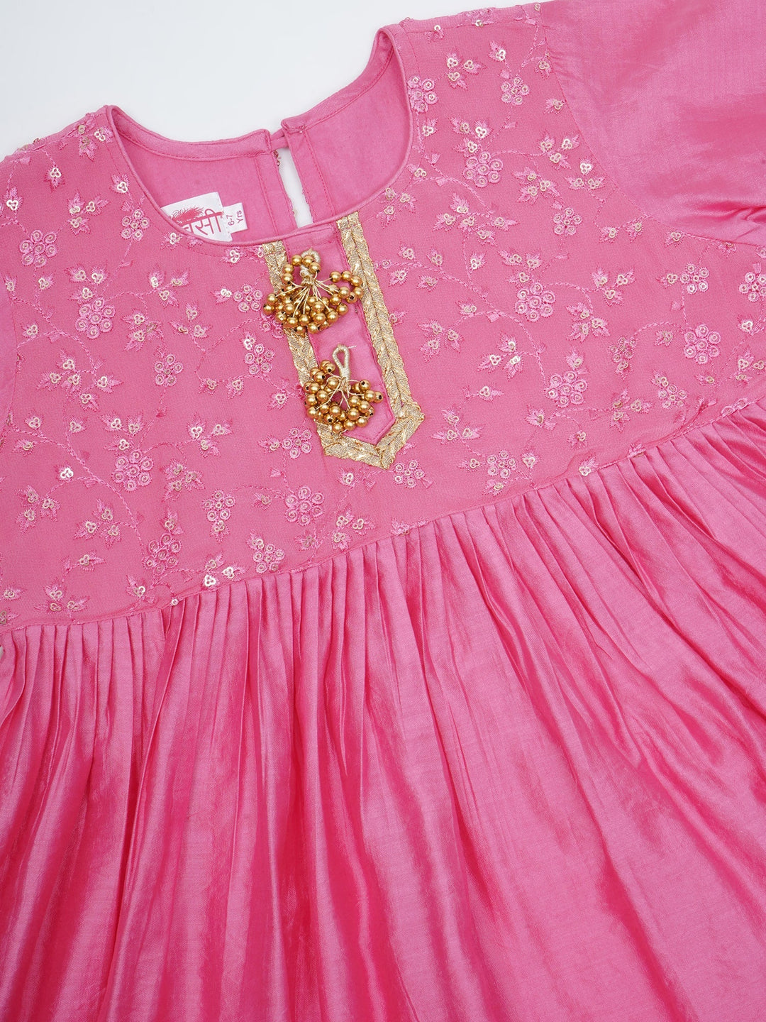 Girls Cranberry Pink Chanderi Semi-Silk Forest Tapestry Embroidery Kurta Sharara Set with Dupatta | SHOBITAM