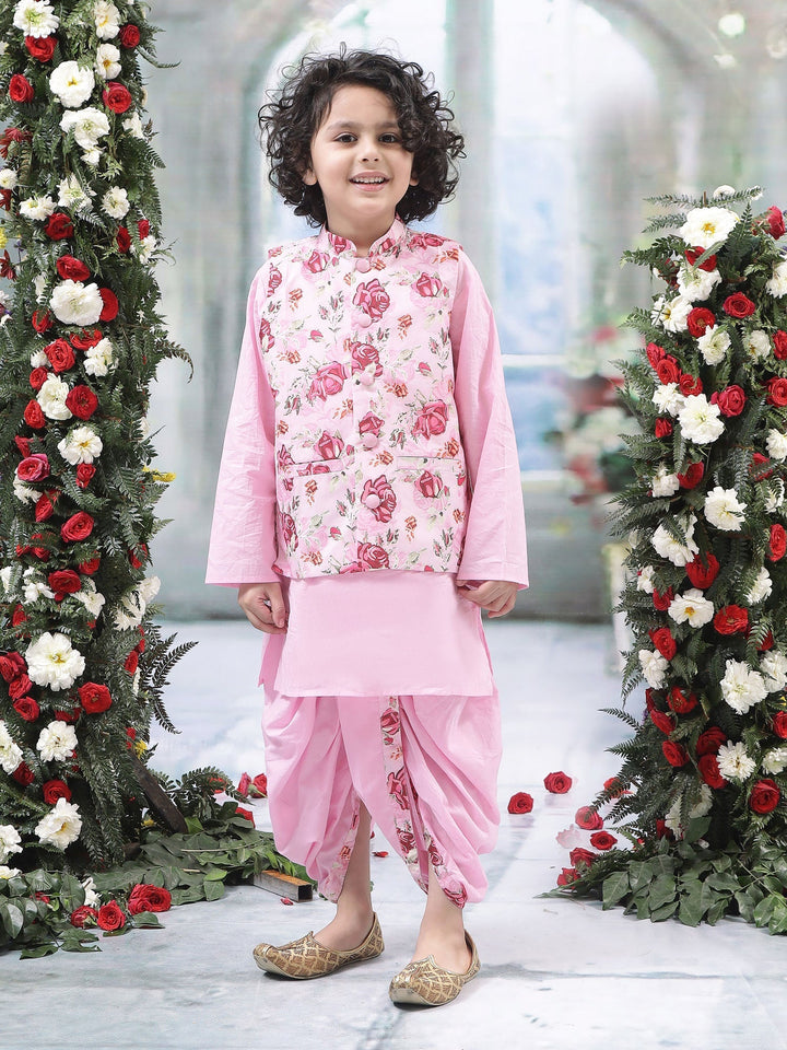 Pink Rose Nehru Jacket with Cotton Kurta Dhoti Set | SHOBITAM