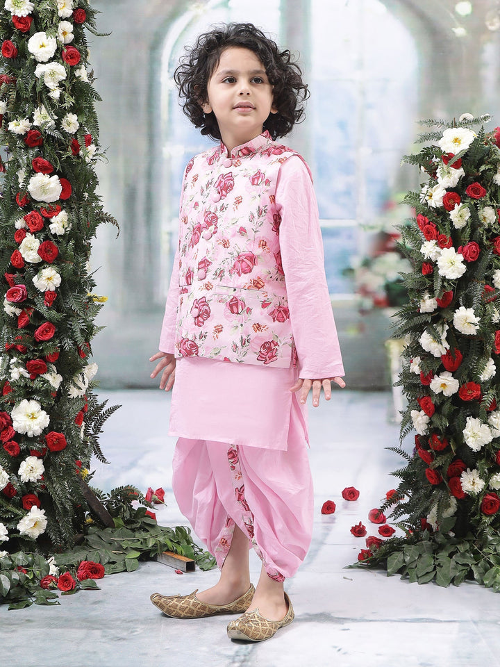 Pink Rose Nehru Jacket with Cotton Kurta Dhoti Set | SHOBITAM