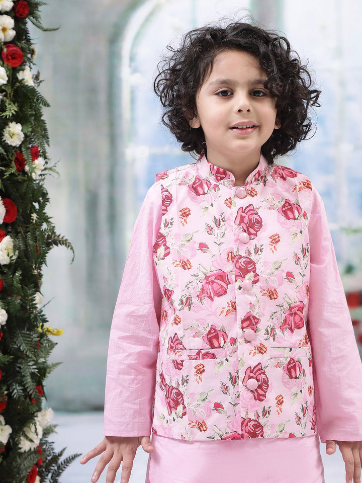 Pink Rose Nehru Jacket with Cotton Kurta Dhoti Set | SHOBITAM